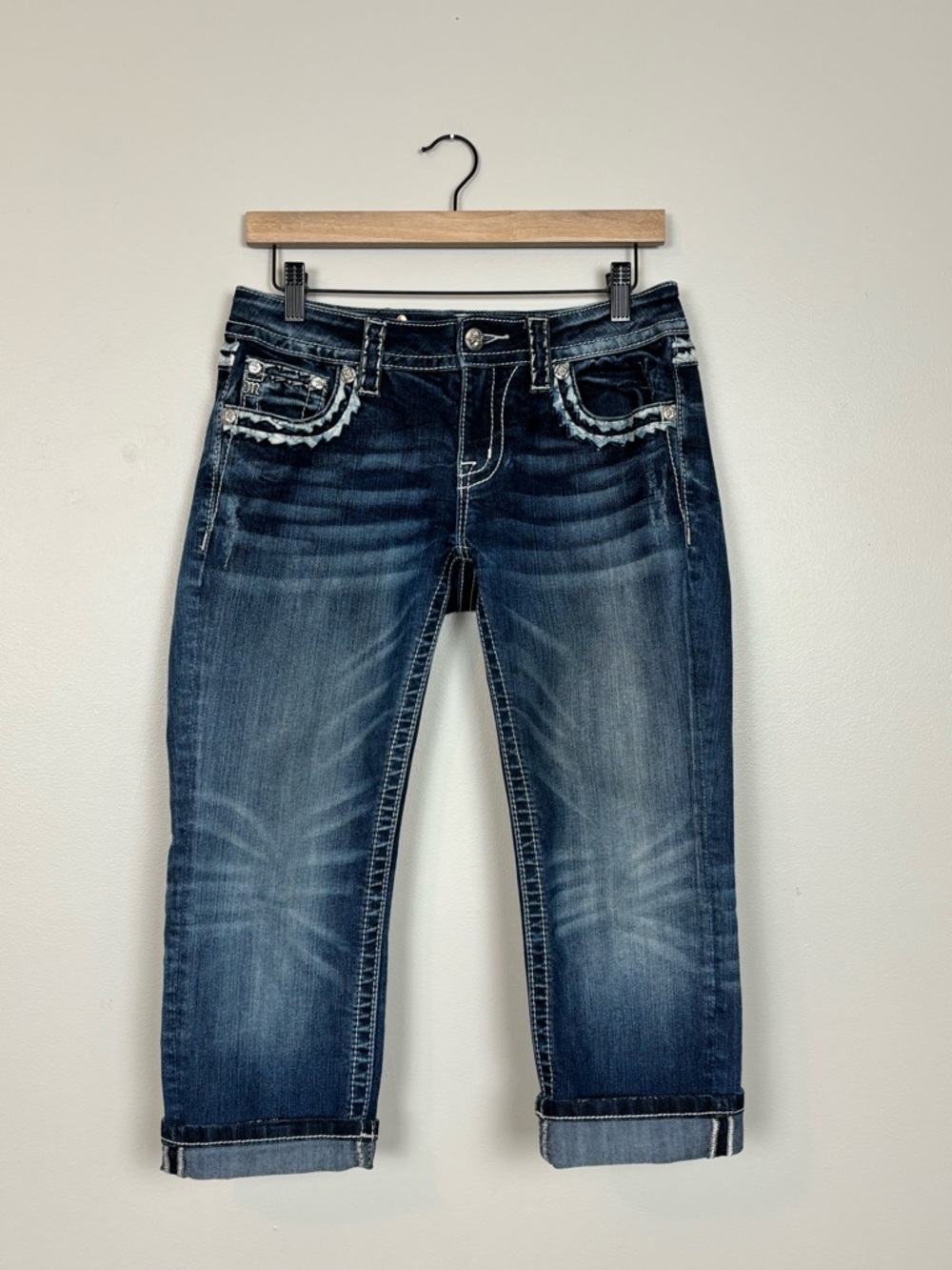 Miss Me Jeans Womens 28 Signature Cuffed Capri Selvedged Point Flap in Blue
